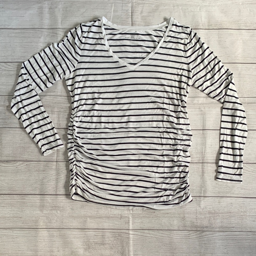 Motherhood Maternity Black and White Striped Long Sleeve V-neck Tee